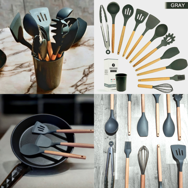 Kitchen utensils with 11 pieces - Wood and silicone - Nonstick - Kitchen  tools 